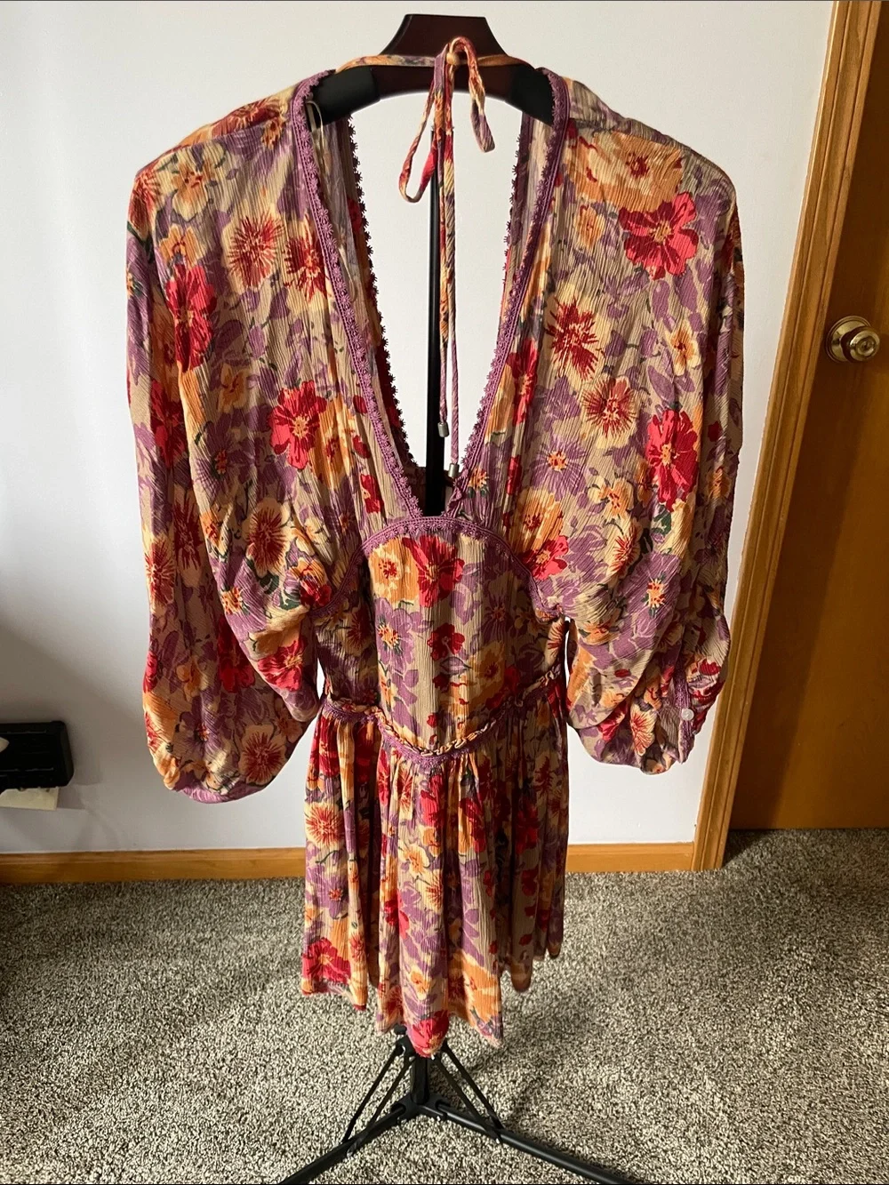 Free People Floral V-Neck Empire Mini Dress - Purple & Red & Yellow